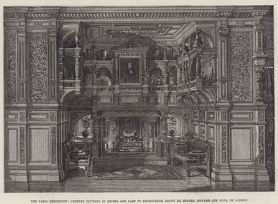 De Parijse tentoonstelling, schoorsteeninrichtingen in nis en deel van eetkamer getoond door Messers Howard and Sons, uit Londen (gravure) door English School
