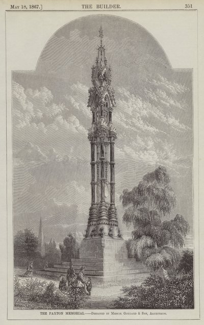 Het Paxton Gedenkteken, ontworpen door Messrs Goddard en Zoon, Architecten (gravure) door English School