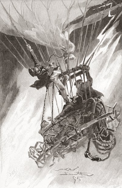 De gevaren van het ballonvaren. Een ballon in moeilijkheden en op het punt te crashen. Uit The Strand Magazine, gepubliceerd in 1896 door English School