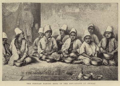 De Perzische hongersnood, jongens in het weeshuis in Shiraz door English School