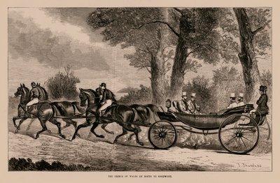 De Prins van Wales op weg naar Goodwood (gravure) door English School