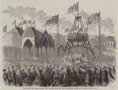 De Prins van Wales legt de eerste steen van het parlementsgebouw in Ottawa (gravure) door English School