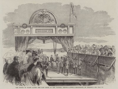 De Prins van Wales legt de laatste steen van de Victoria brug (gravure) door English School