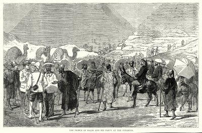 De Prins van Wales en zijn gezelschap bij de piramiden (gravure) door English School