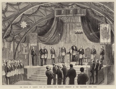 Het bezoek van de Prins van Wales aan Norwich, de vrijmetselaarsceremonie in de vrijwilligersdrillhal door English School