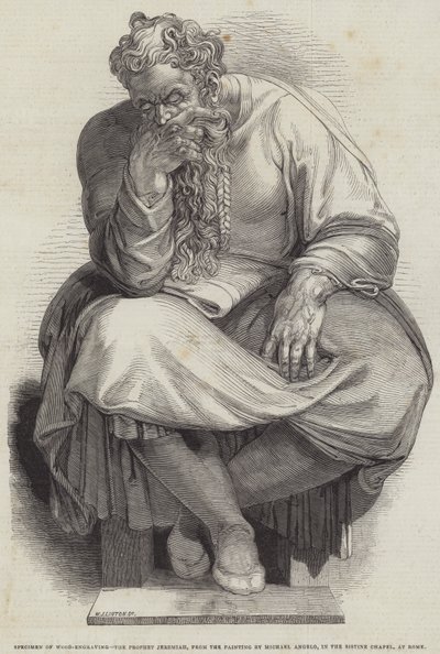 De profeet Jeremia, uit het schilderij van Michelangelo in de Sixtijnse Kapel, Rome door English School