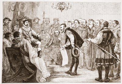 De protestantse prinsen presenteren hun belijdenis aan Karel, illustratie uit De Geschiedenis van het Protestantisme door James Aitken Wylie, 1878 door English School