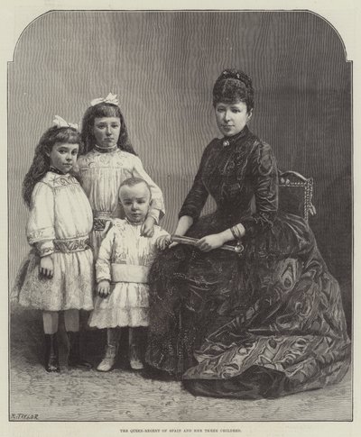 De koningin-regentes van Spanje en haar drie kinderen door English School