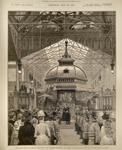 De Koningin op de Liverpool Tentoonstelling: Hare Majesteit Riddert de Burgemeester van Liverpool op het Podium in de Centrale Galerij, uit The Illustrated London News, 22 mei 1886 door English School