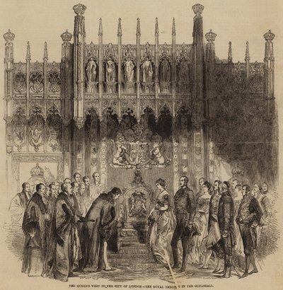 Het bezoek van de koningin aan de stad Londen, de koninklijke troon in de Guildhall door English School