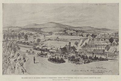 Het bezoek van de koningin aan de keizerin Frederick in Friedrichshof, algemeen uitzicht op Kronberg, vanaf de Villa Candidus, met het kasteel (gravure) door English School