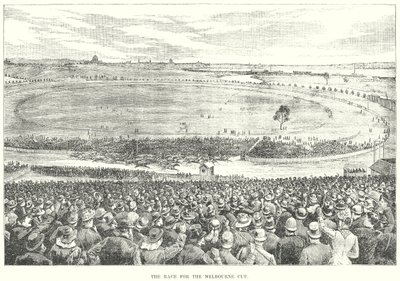 De race om de Melbourne Cup (gravure) door English School