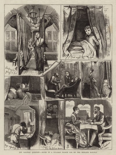 De spoorwegkwestie, notities in een Pullman Palace Car op de Midland Railway (gravure) door English School