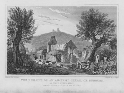 De overblijfselen van een oude kapel of nonnenklooster in West Hythe, Kent (gravure) door English School