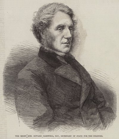 De Hooggeachte Edward Cardwell, MP, Staatssecretaris voor de Koloniën (gravure) door English School