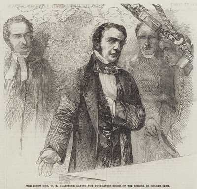 De Zeer Eerwaarde W E Gladstone legt de Eerste Steen van de School in Golden-Lane door English School