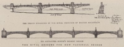 De Rivaliserende Ontwerpen voor de Nieuwe Vauxhall Brug (gravure) door English School