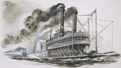 De Robert E Lee leidt de Natchez in hun beroemde race op de Mississippi door English School