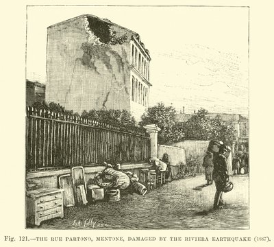 De Rue Partono, Mentone, beschadigd door de aardbeving aan de Rivièra, 1887 door English School