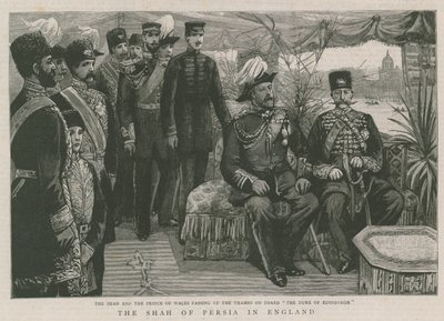 De sjah en de Prins van Wales varen de Theems op aan boord van de Duke of Edinburgh door English School