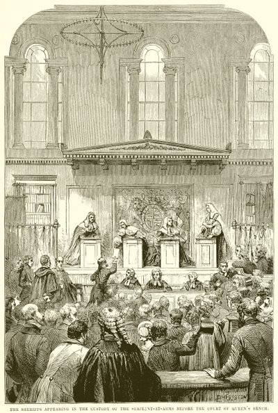 De sheriffs verschijnen in de bewaring van de sergeant-at-arms voor het hof van Queens Bench door English School