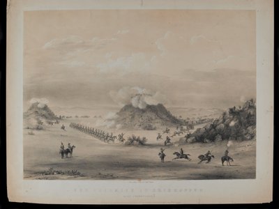 De Schermutseling bij Driekoppen, nabij Zwaartkopjes, 1845, gegraveerd door Paul Gauci door English School