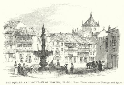 Het plein en de fontein van torens, Braga (gravure) door English School