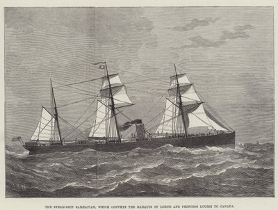 Het stoomschip Sarmatian, dat de markies van Lorne en prinses Louise naar Canada vervoert (gravure) door English School
