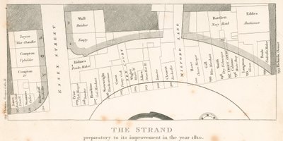 The Strand, Londen, vóór de verbetering in het jaar 1810; plan van het gebied door English School