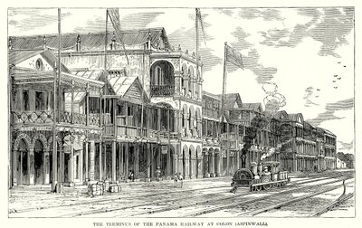 Het eindpunt van de Panamaspoorweg in Colon (Aspinwall) (gravure) door English School