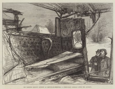 Het verschrikkelijke treinongeluk bij Shipton-on-Cherwell, een eersteklas rijtuig na het ongeluk (gravure) door English School