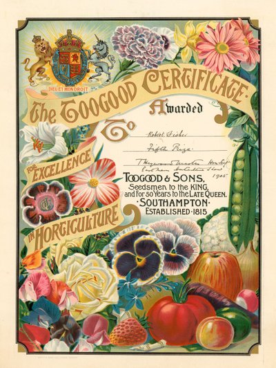 Het Toogood Certificaat voor Uitmuntendheid in Tuinbouw door English School