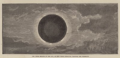De Totale Zonsverduistering, gezien vanuit Gibraltar door de Telescoop (gravure) door English School
