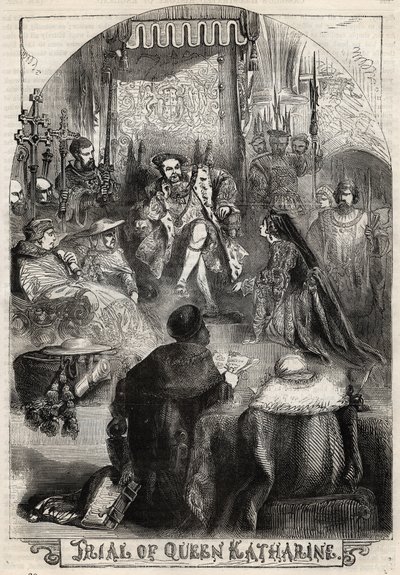 Het proces van koningin Catherine van Aragon in 1529, de eerste vrouw van Hendrik VIII, wiens huwelijk met de koning werd geannuleerd - Gravure uit 