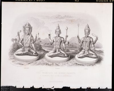 De Trimurti of Hindoe Drie-eenheid, gegraveerd door A. Thorn, uit Wereldreligie, uitgegeven door A. Fullarton & Co. door English School