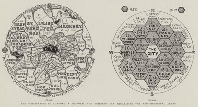 De eenwording van Londen, een voorstel voor het definiëren en gelijktrekken van de nieuwe gemeentelijke gebieden (gravure) door English School