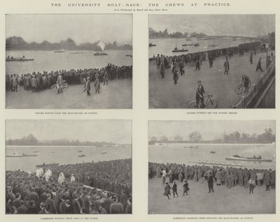 De universiteitsbootrace, de bemanningen aan het oefenen (gravure) door English School