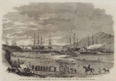 De Oorlog in China, Vertrek van Hockly Pier, Odin Bay, van de Sikh Cavalerie en Troepen naar de Peiho (gravure) door English School