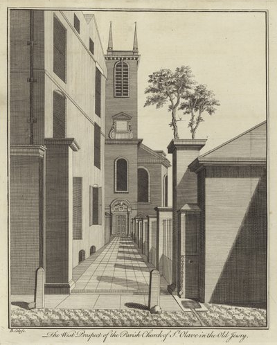 Het Westelijke Uitzicht van de Parochiekerk van St Olave in de Old Jewry, Londen door English School