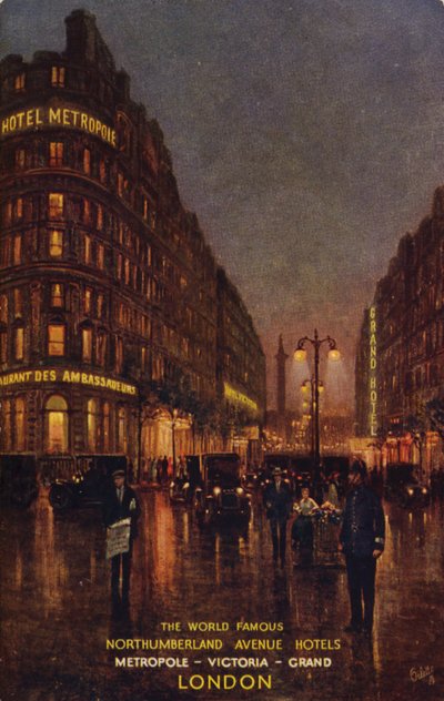 De wereldberoemde Northumberland Avenue hotels, Metropole, Victoria, Grand, Londen (kleurenlitho) door English School