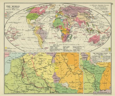 De wereld bij het uitbreken van de Grote Oorlog 1914 (kleurenlitho) door English School