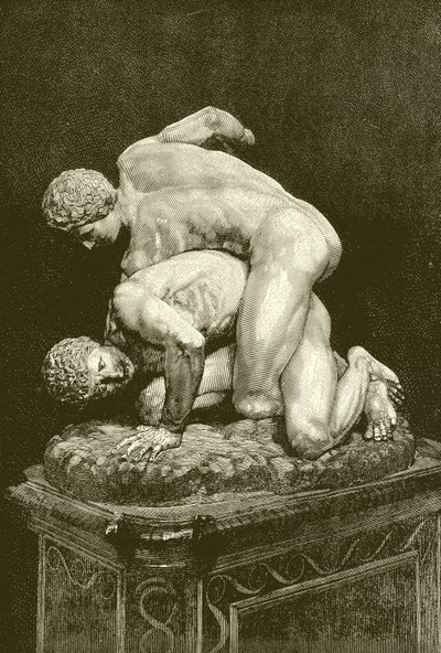 De worstelaars. Marmeren groep in de Uffizi-galerij in Florence (gravure) door English School
