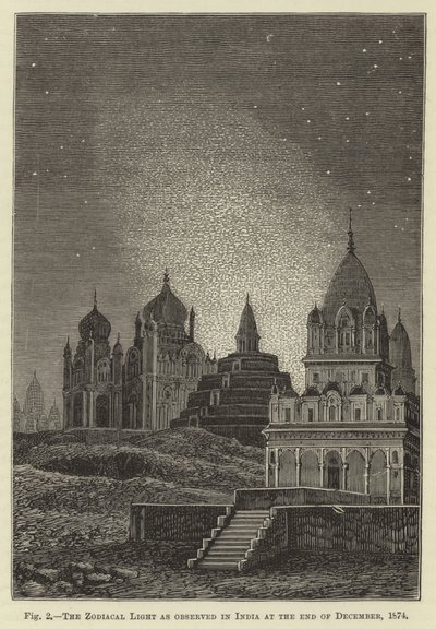 Het zodiakale licht zoals waargenomen in India eind december 1874 door English School
