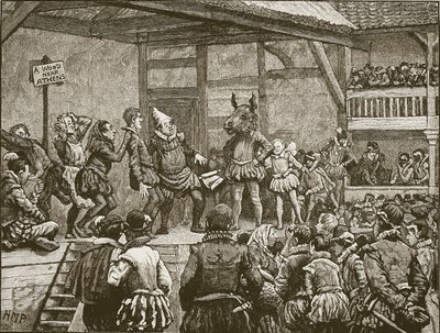 Het opvoeren van een van Shakespeares toneelstukken in de tijd van koningin Elizabeth, illustratie uit Cassells Geïllustreerde Geschiedenis van Engeland door English School
