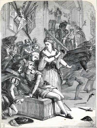 De moord op Gustavus III door Jackob Johan Anckarström op een gemaskerd bal, Stockholm, Zweden,1792 (gravure) door English School