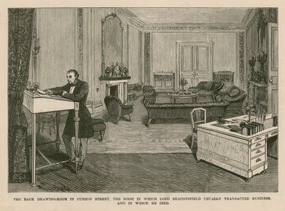 De achterkamer in Curzon Street, Londen. De kamer waarin Lord Beaconsfield meestal zaken deed en waarin hij stierf door English School