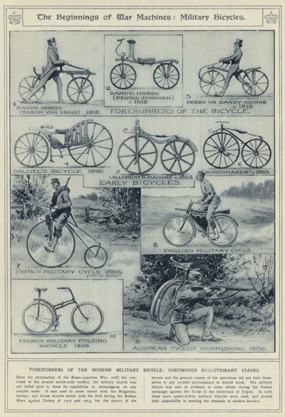 Het begin van oorlogsmachines, militaire fietsen, voorlopers van de moderne militaire fiets, continue evolutionaire stadia door English School