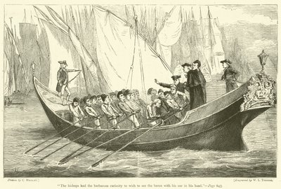 "De bisschoppen hadden de barbaarse nieuwsgierigheid om de baron met zijn roeispaan in zijn hand te willen zien" (gravure) door English School