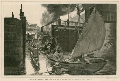 Het vaarseizoen op de Theems - het openen van de sluis (gravure) door English School