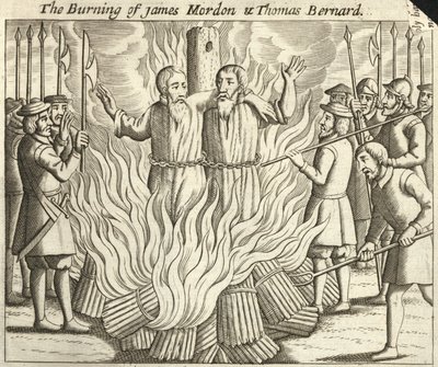 De verbranding van James Morden en Thomas Bernard (gravure) door English School